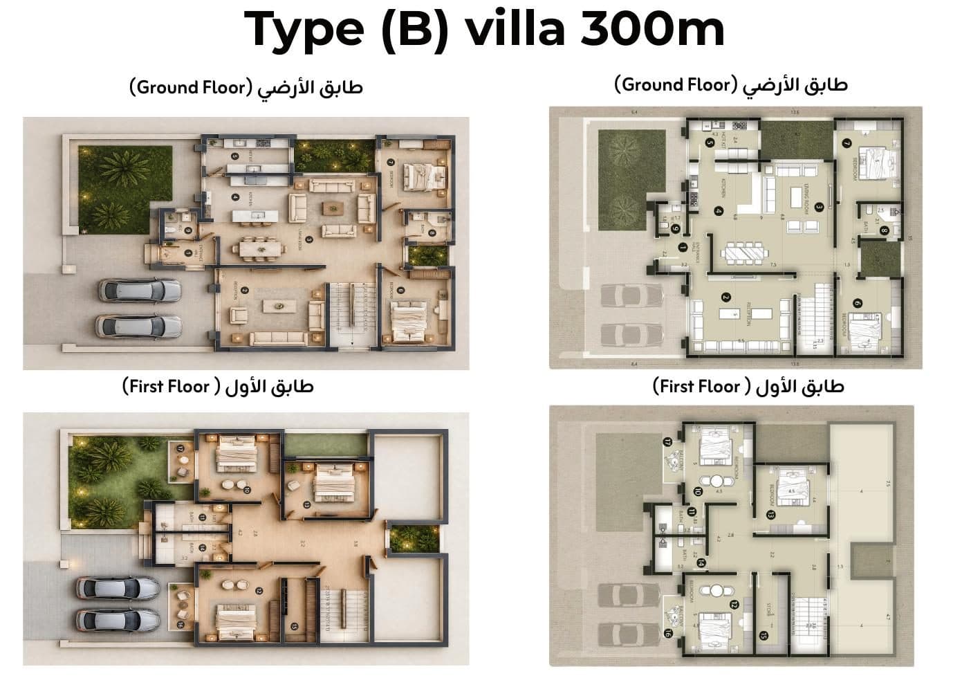 Type (B) Villa — 300 m² — Ground & First Floor Plans